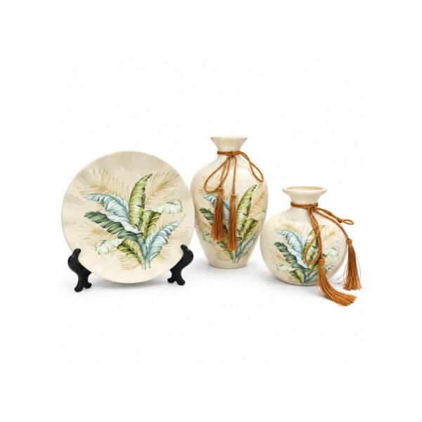 Conjunto Decorativo de Cerâmica com Estampa Tropical