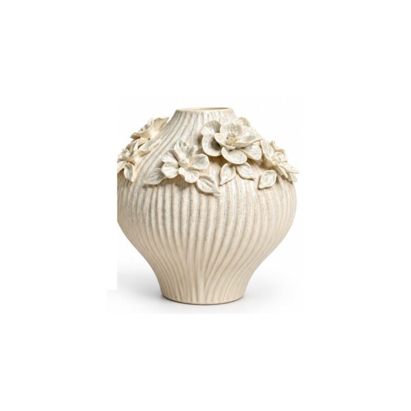 Vaso Decorativo Floral Bojudo em Cerâmica Marfim