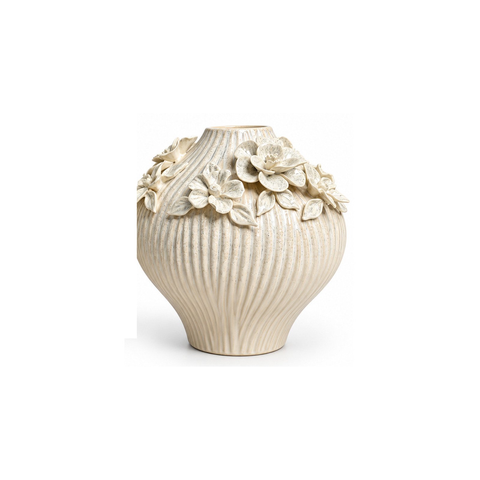 Vaso Decorativo Floral Bojudo em Cerâmica Marfim